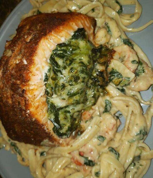 salmon with spinach parmesan and shrimp